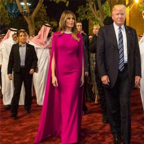 Sevintage Fuchsia Arabic Celebrity Evening Dresses With Cape Floor Length Dubai Red Carpet Dress Prom Gowns Beaded Party Gowns