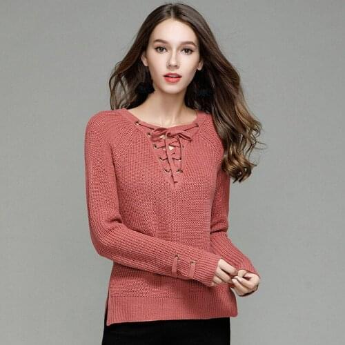 Spring Girls Fashion V-neck Long Sleeve Lace Up Red Sweater Pullover Women Thin Knitwear Autumn Ladies Knitted Top Large Size