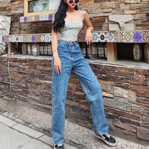 Vintage High Waist Jeans American Retro Light Blue High Waist Loose Straight Wide Leg Pants Slim Denim Pants Trousers Women S039