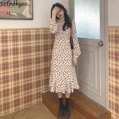 Vintage Long Sleeve Dress Women V-neck Tender V-neck Ruffles Mid-calf Korean Fashion High Waist Stylish Slim Fit A-line Vestidos