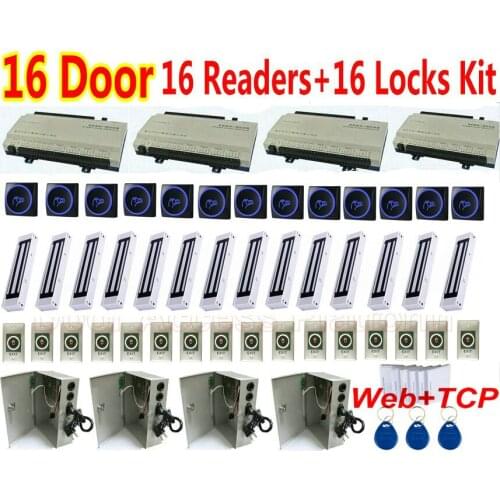 16 Door Web Interface+PC Software control Complete Kit Web IP Control +UPS Power+16 pcs RFID Card LED Reader+Door Magnetic Lock