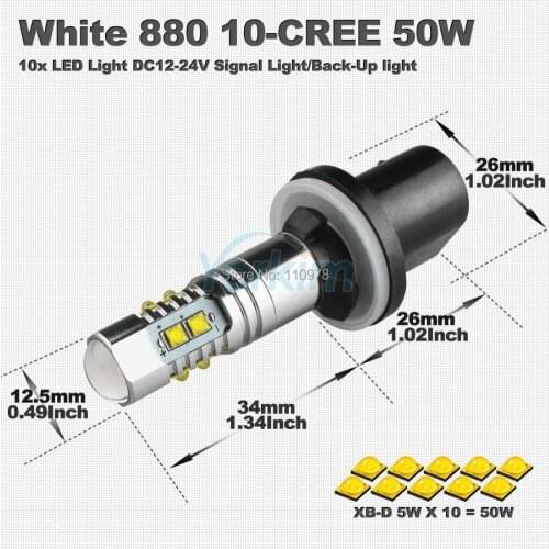 2Pcs 6000K 880 50W CREE Chips 10-LED Bulbs Extremely Bright White For Signal Light Door Light Back-up Light Fog Light