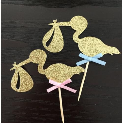 Glitter Stork Cupcake Toppers baby shower gender reveal Birthday Party Decor Toothpicks cake decorations