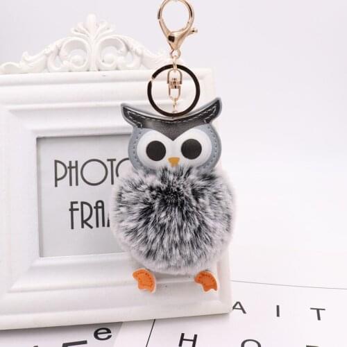 Cute Pompom Owl Keychain pom Key Chain Rabbit Fur Ball pompon Fluffy Leather Key Ring Plush Keychains