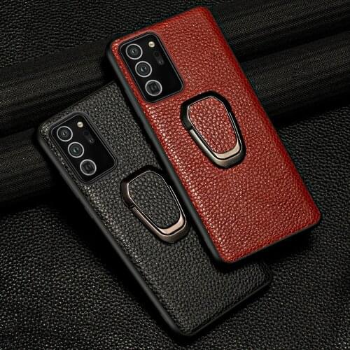 Genuine Litchi Grain Leather Phone Case For Samsung Galaxy Note 20 Ultra 10 Lite A70 A51 S10 S20 Plus Magnetic Ring Holder Cover