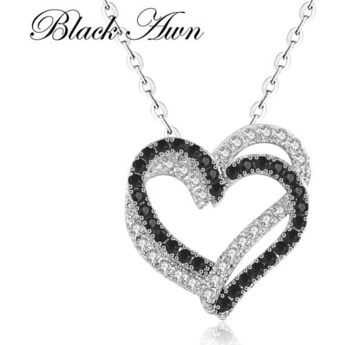 Black Awn Silver Necklace Fine Genuine 100% 925 Sterling Silver Necklace Women Jewelry Heart Black&White Stone Pendants P107