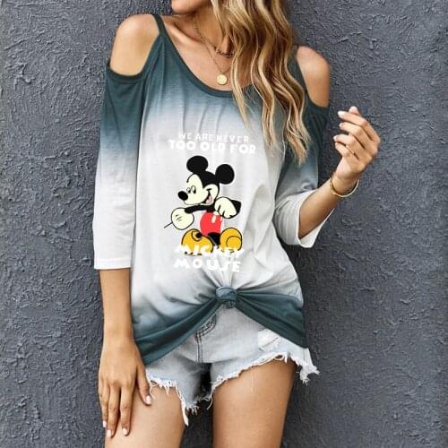 Disney Mickey Mouse cartoon print women fashion tie dye gradient color sexy strapless new t shirt women 2021