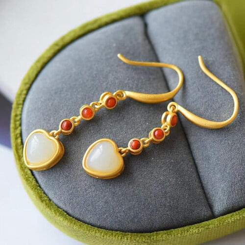 Designer original new natural Hetian jade heart-shaped long earrings elegant luxury exquisite ladies silver jewelry