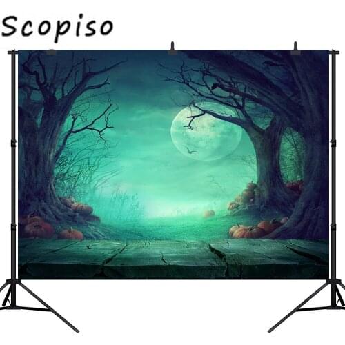 Scopiso Photography Backdrops Halloween Wood Floor Photo Backdrop Moon Ghost Tree Pumpkin Wood Floor Halloween Background
