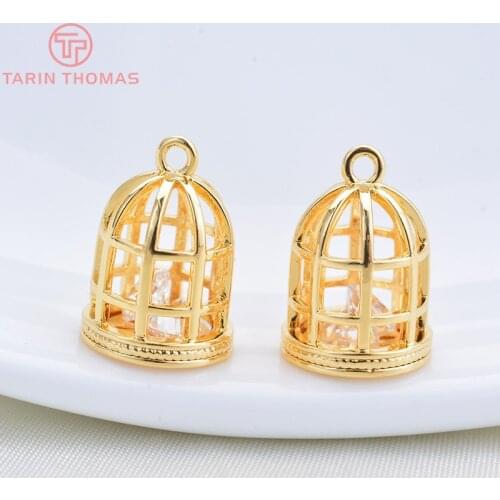 6PCS 12x9MM 24K Gold Color Plated Brass with Zirco Hollow Birdcage Charms Pendants High Quality DIY Jewelry Making Findings