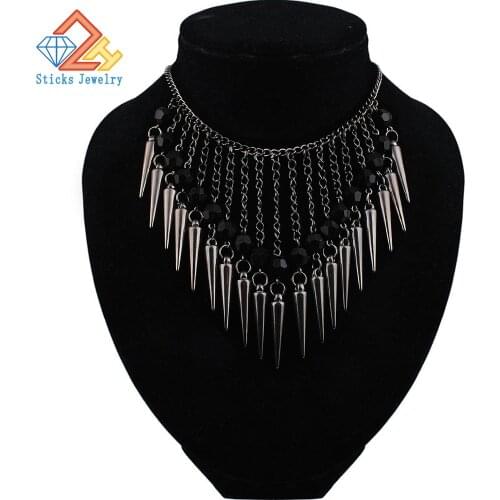 Summer Hot Trendy Necklace Dark Color Plated Chain Hanging Acrylic Beads Rivet Tassel Long Necklace Jewelry Accessories Women