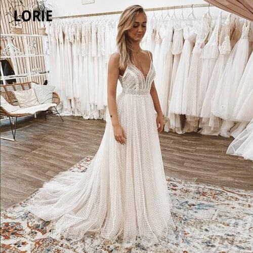 LORIE Beach Wedding Dresses 2021 V-Neck Lace Top Polka Dot Tulle A-Line Backless Wedding Gown Corset Bridal Dress hochzeitskleid