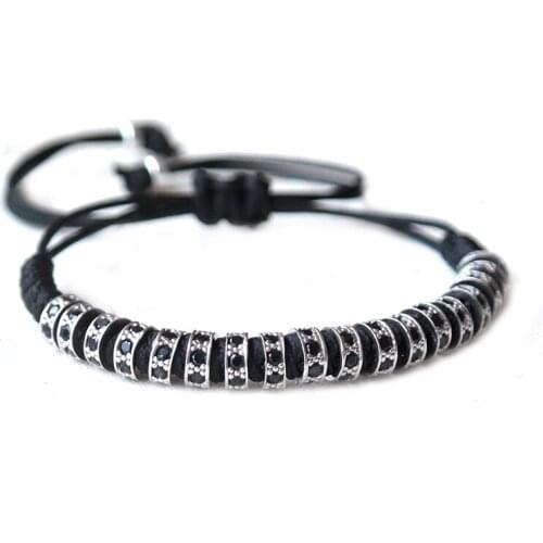 2020 Silver Color Men Macrame Bracelets Micro Pave Black CZ Stopper Beads Braided Macrame Bracelet