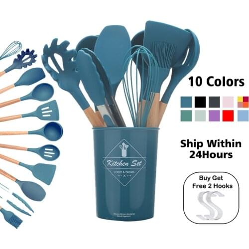 Non-stick Cooking Utensils Set Kitchen Tools Silicone Spatula Shovel Wooden Handle Cooking Baking Tools Set With Storage Box