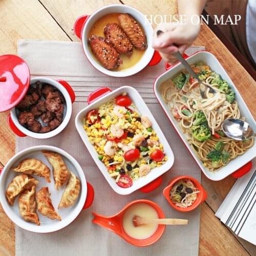 Brand Glaze Ceramic Bakeware Set For Baking Tray Cheese Plates Double Ears Spaghetti Dishes Lasagna High Quality 5pcs Sets Red