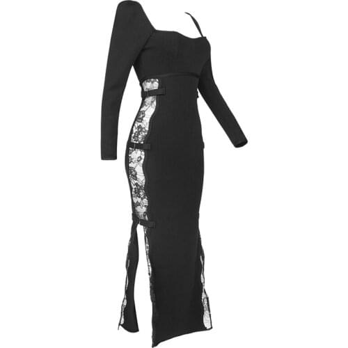 Winter New Style Full-sleeve Square Neck Halter Side Lace Transparent Petal Split Bandage Dress Vestidos Prom Party Club Dresses