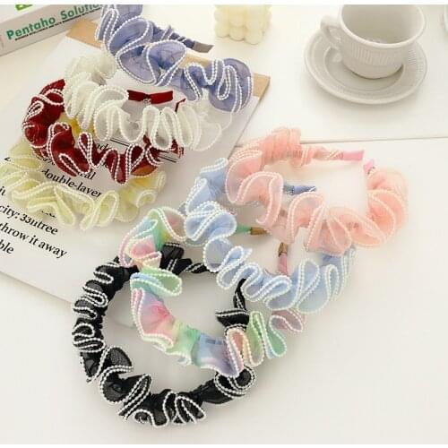 New Style Pure Fairy Style Ladies Headband Sweet And Delicate Pearl Pure Color Net Yarn Headdress Wave Headband