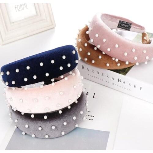 New Elegant Pearls Velevt Padded Hairband Headband for Women Thick Sponge Hair Hoop Head Band Fashion Hair Accessories