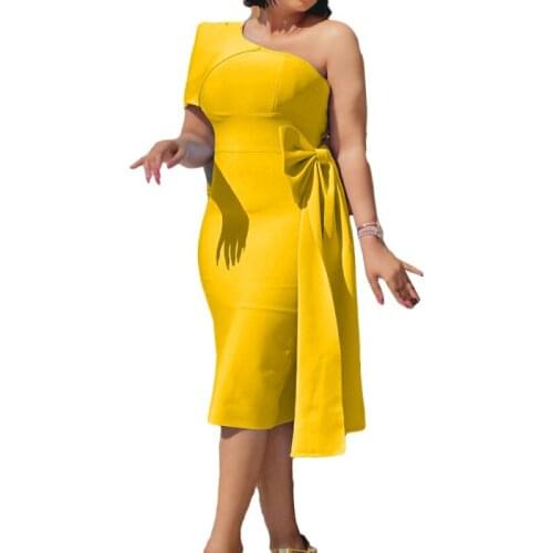African Pencil Dresses Women Skew Neck One Shoulder With Big Bow Gown Fashion Sexy Elegant Chic African Traditional Party Dress