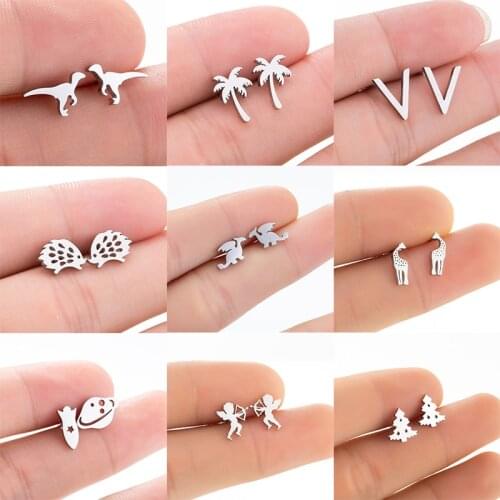 MEYRROYU Stainless Steel Silver Color Star Moon Dinosaur Animal Stud Earrings 2021 Trendy For Women New Fashion Gift Jewelry