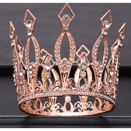 Vintage Rose Gold Round Crystal Wedding Tiara Queen Crown for Bridal Headpiece Diadem Prom Hair Jewelry Wedding Hair Accessories