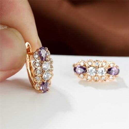 Vintage Rose Gold Color Hoop Earrings Rainbow Zircon Geometric Stone Earrings Female Cute Flower Earrings For Women Boho Jewelry