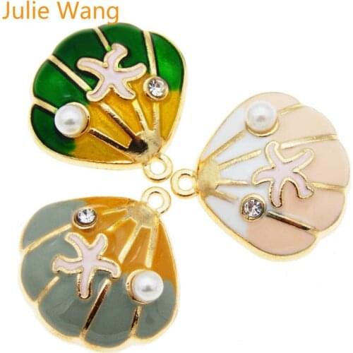 Julie Wang 6PCS Enamel Shell Starfish Charms Pearl Rhinestone Gold Tone Bracelet Necklace Alloy Pendant Jewelry Making Accessory