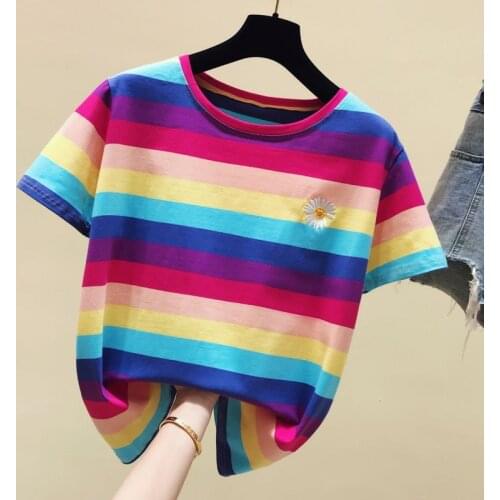 Cotton Daisy Embroidery Color Striped Short-sleeved T-shirt Women Summer 2021 New Korean Loose Top