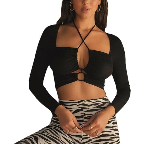 Women’s Casual Long Sleeve T-shirt Fashion Solid Color Square Collar Skinny Crop Top Hollow Exposed Navel Tops