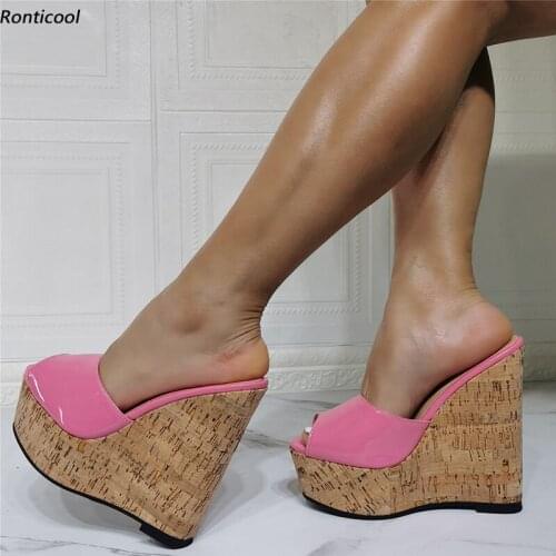 Ronticool Handmade Women Slingback Sandals Cork Wedges Heel Open Toe Beautiful Pink Orange Red Party Shoes US Plus Size 5-20