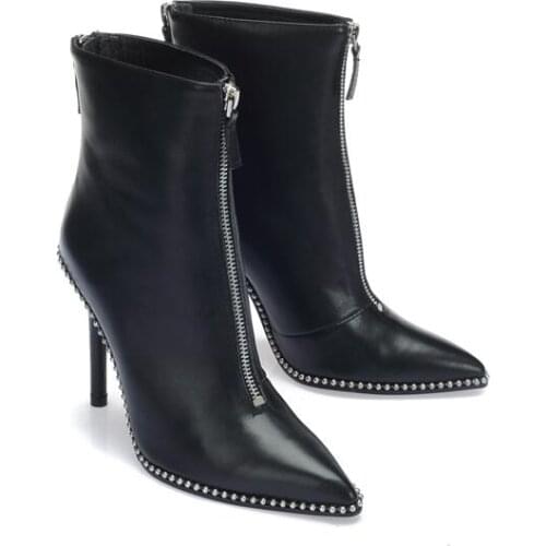 New woman black leather pointed toe balls beading high heel boots woman leather stiletto high heel ankle boots double zippers