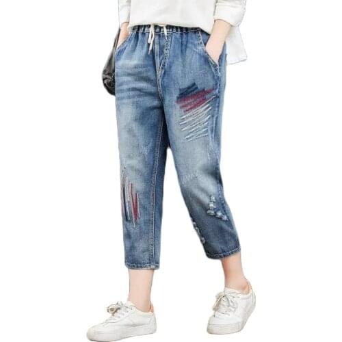 Washed Hole Calf-lenght Pants With Drawstring Retro Embroidery Elastic Waist Jeans Mujer Women Female Ripped Harem Pants Y715