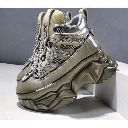 Koovan Womens High Heel Sneakers 2021 New Shoes Leather Increased 8 Cm Heels Diamond Thick Bottom Platform Shoes For Girls