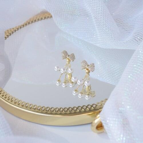 14k Real Gold Plated Fashion Jewelry Exquisite Micro-inlaid Zircon Bow Pearl Stud Earrings for Woman Holidaty Daily Earring
