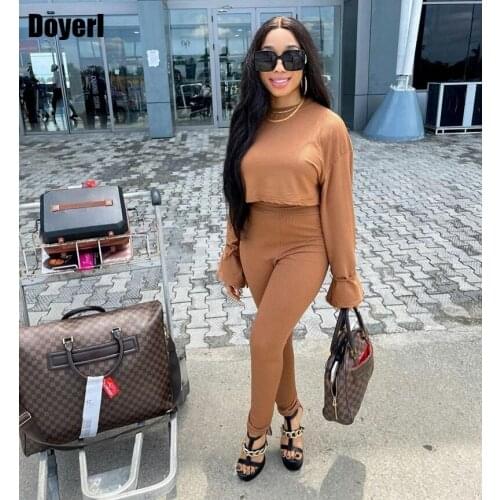 Women Ribbed Knit Two Piece Set Autumn Long Flare Sleeve Crop Top Pencil Pants Sets 2021 Casual 2 Peice Set Women Matching Sets