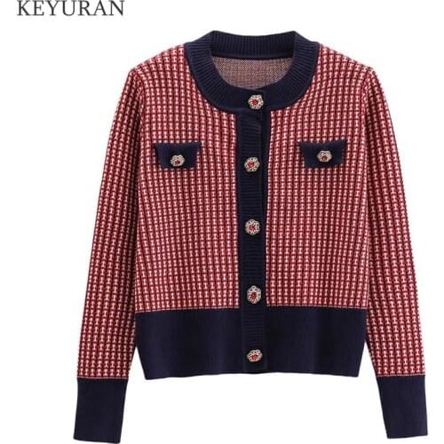 Red Plaid Cropped Cardigan Sweater Coat Fall 2021 Women Full Long Round Neck Diamond Buckle Knit Cardigans Elegant Crop Tops