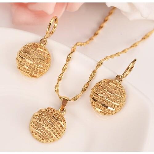Gold Dubai India Africa round hollow Jewelry Set Pendant Necklace Earring Fashion lovely Design gold bridal jewelry for women