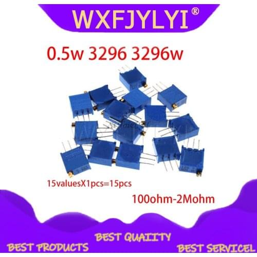 15valuesX1pcs=15pcs 100ohm-2Mohm 0.5w 3296 3296w Variable Resistors MultiTurn trimmer adjustable precision Potentiometer kit