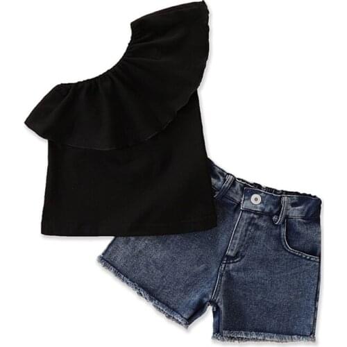 Pudcoco 1-6T 2Pcs Summer Baby Girls Boys Ruffles Short Sleeve One Shoulder Slinted Collar Casual Tops+Denim Shorts Jeans Sets
