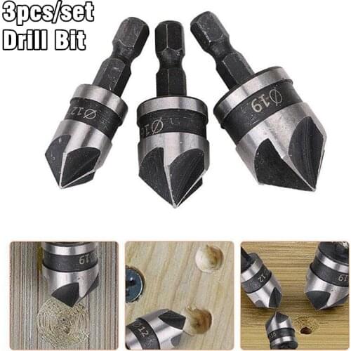 3pcs/set High Carbon Steel Hex Shank Five Blade Countersink Boring Set for Wood Metal Quick Change Drill Bit Tools 12/16/19mm