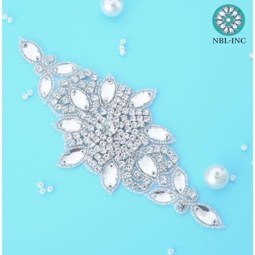 30PCS) Wholesale hand beaded sewing crystal glass silver rhinestone applique patch iron on for dress WDD0083