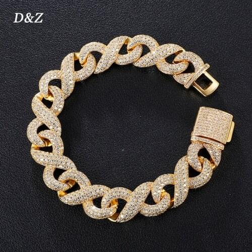 New 16mm Infinity Diamond Cuban Link Bracelet In Gold ColorProng With CZ Stone Box Buckle Fashion 8inch Bracelet Hip Hop Jewelry