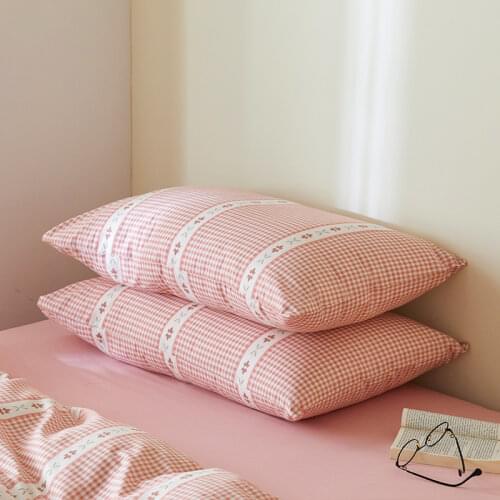Cilected INS Princess Style Pillow Cover 100% Cotton Envelope Type Pillowcase Pink Plaid Flower Bedside Cushion Cover Decor