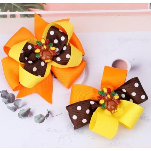 CN 3.5'' Thanksgiving Hair Bow for Girls Lovely Turkey Hair Bow Hairpin Ribbon Bowknot Hair Clips Hair Accessories lacos