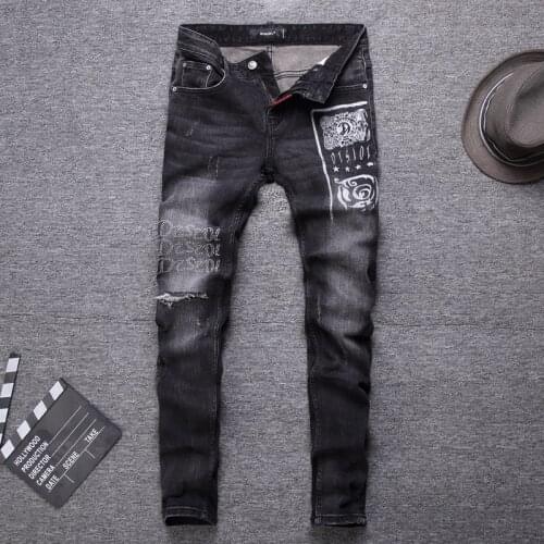 American Streetwear Fashion Men Jeans Retro Black Gray Slim Fit Ripped Jeans For Men Printed Designer Hip Hop Denim Punk Pants