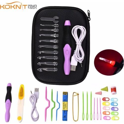 KOKNIT Crochet Hook Light Plastic USB LED Ligh Up Handle Knitting Needle Weave Sewing Craft Tool With Scissors Bag