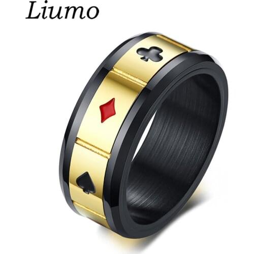 Liumo Classic Black Gold Color Spinner Rotate Poker Heart Spade Men 316L Stainless Steel Gift Ring Lr830