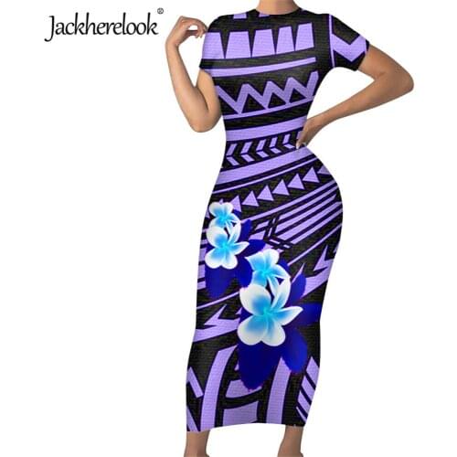 Jackherelook Purple Samoan Polynesian Hibiscus Print Sexy Tunic Bodycon Dresses for Womens Party Pencil Dress Midi Vestidos 2020