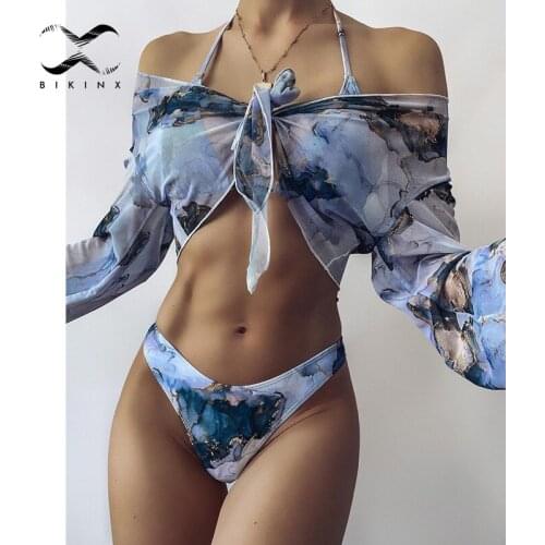 Sexy marble print bikini set 3-piece mesh long sleeve swimsuit High cut swimwear women String halter micro bikini Beach wear New