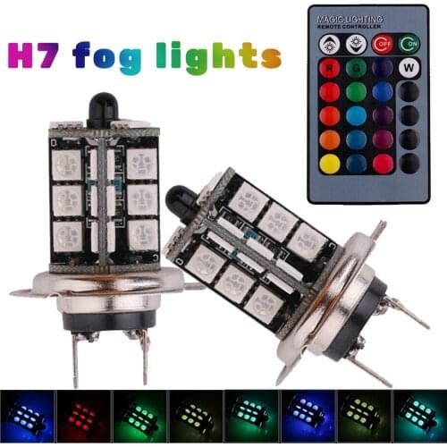 2PCS H7 LED Fog Lights Bulbs RGB 5050 27SMD 7 Color Car Fog Light Lamp Bulb with Wireless Remote Control